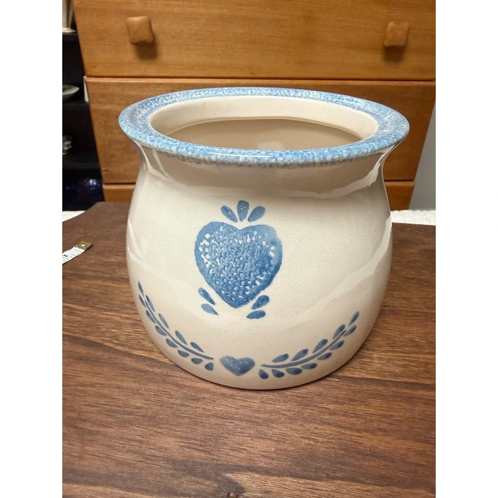 Vintage 1996 ABCo Blue Heart Sponge Painted Ceramic Canister Lidded Cookie Jar
